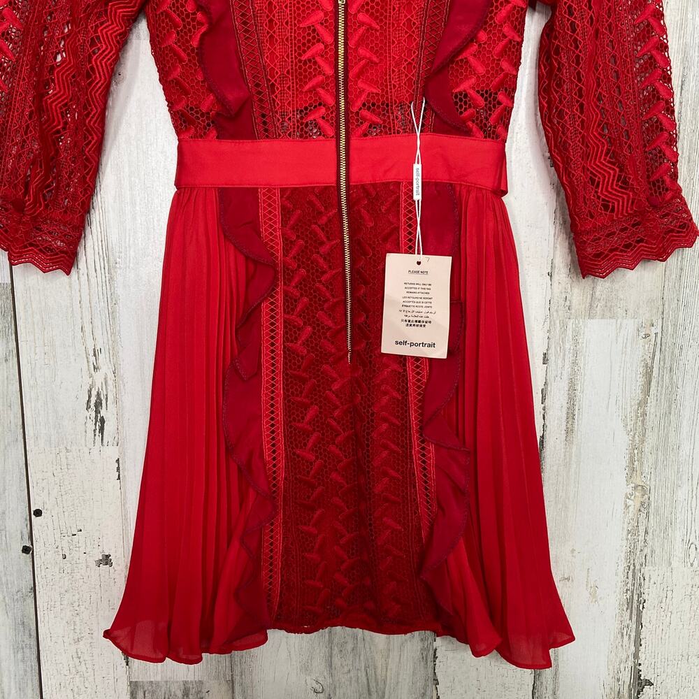 NWT Self-Portrait Red Geometric Lace Dress Guipure Crochet Preppy Twee Size 2 - Picture 12 of 16